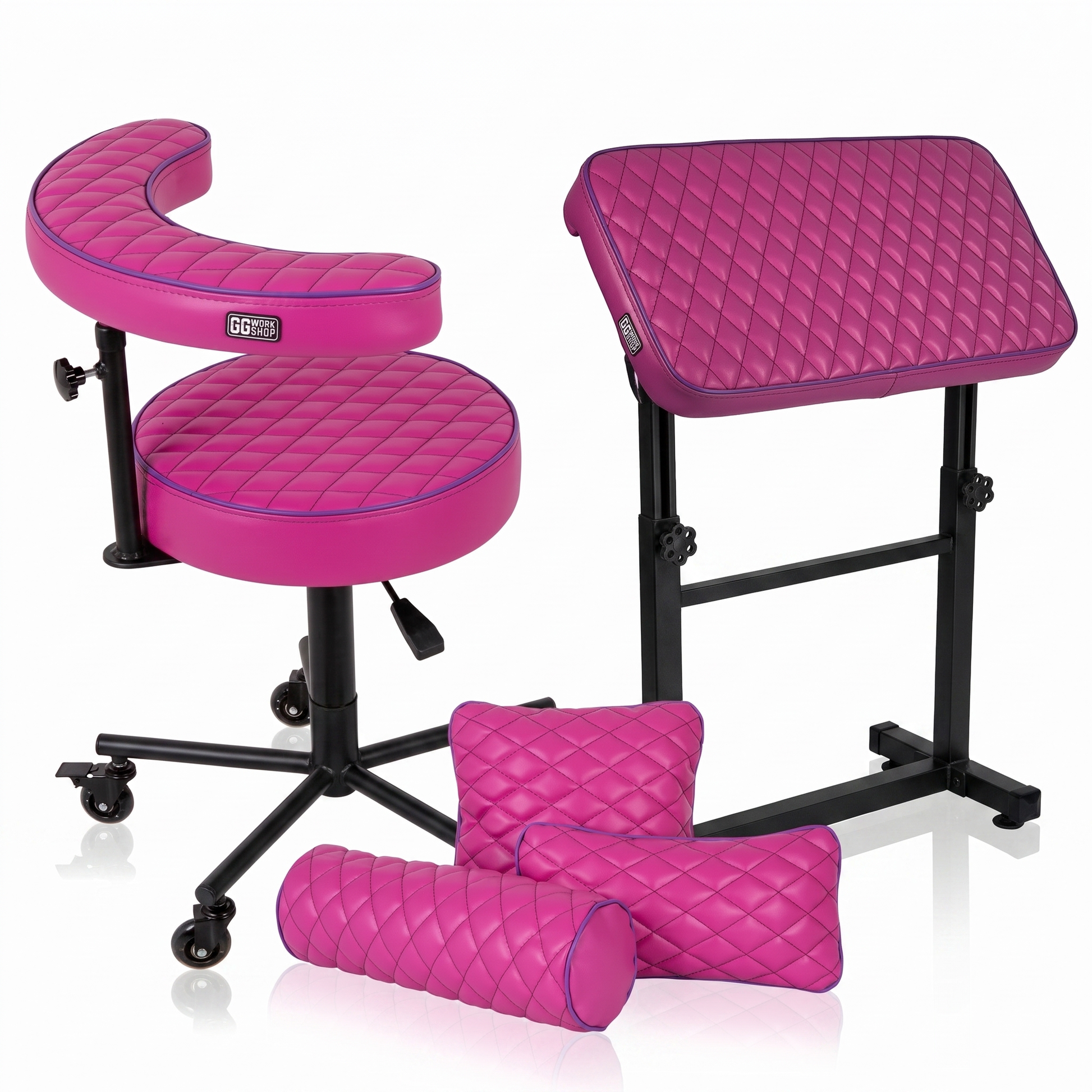 Pink purple GG Workshop bundle — magenta rhombus cushions with purple piping, armrest XXL FAT BOY, chair and pillow set, black powder-coated frames