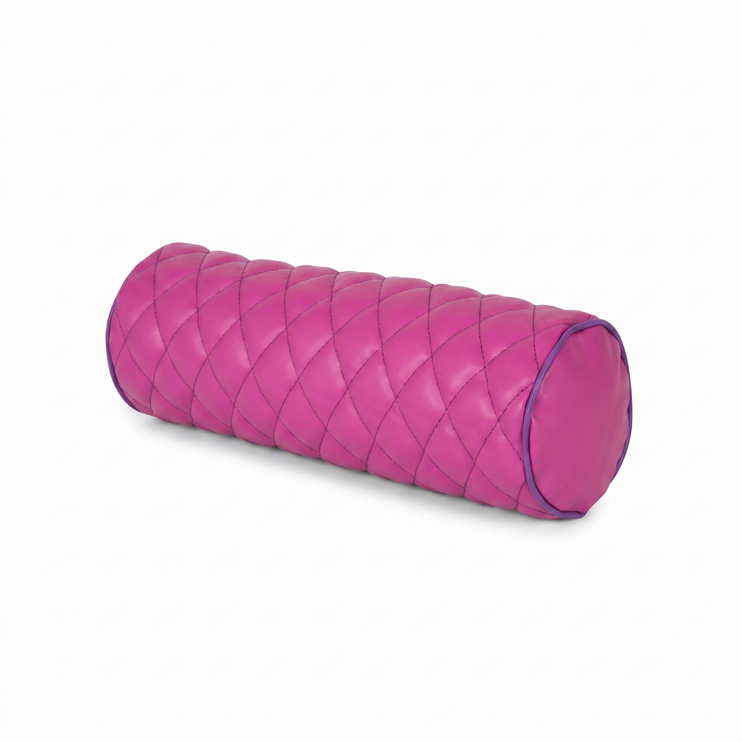 Pink purple (magenta with purple piping) Tattoo roller / bolster pillow with rhombus embroidery by GG Workshop — diamond-quilted, isolated on white background
