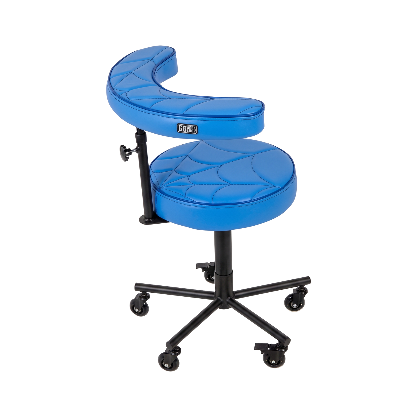 Wave blue Tattoo Artist Chair V3 by GG Workshop — spider web stitched cushions with black powder-coated frame, side view