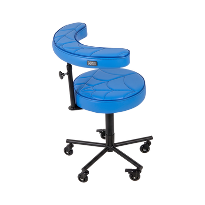 Wave blue Tattoo Artist Chair V3 by GG Workshop — spider web stitched cushions with black powder-coated frame, side view
