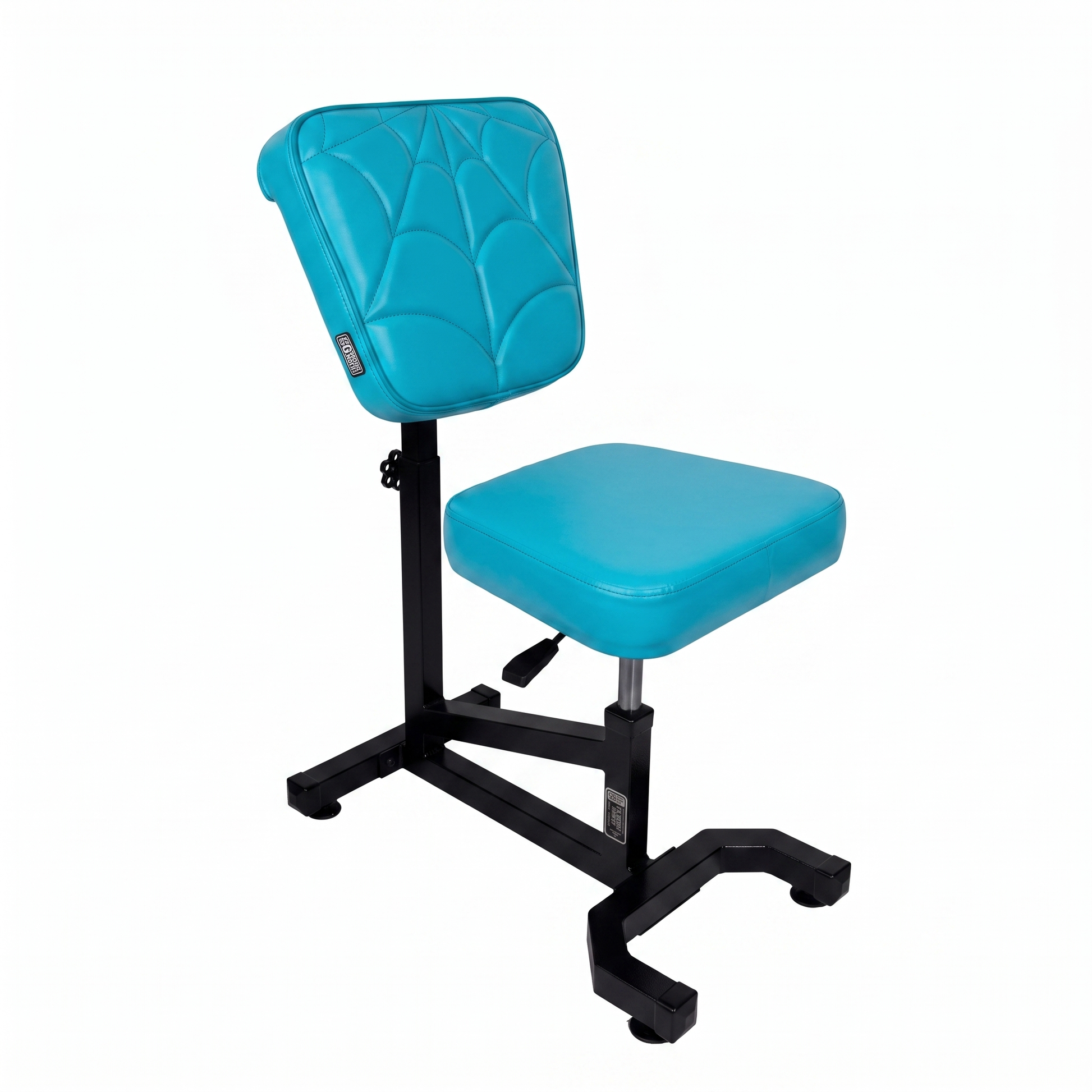 Turquoise Multifunctional Swivel Chair with Armrest by GG Workshop — spider web stitched backrest, black frame, three-quarter view