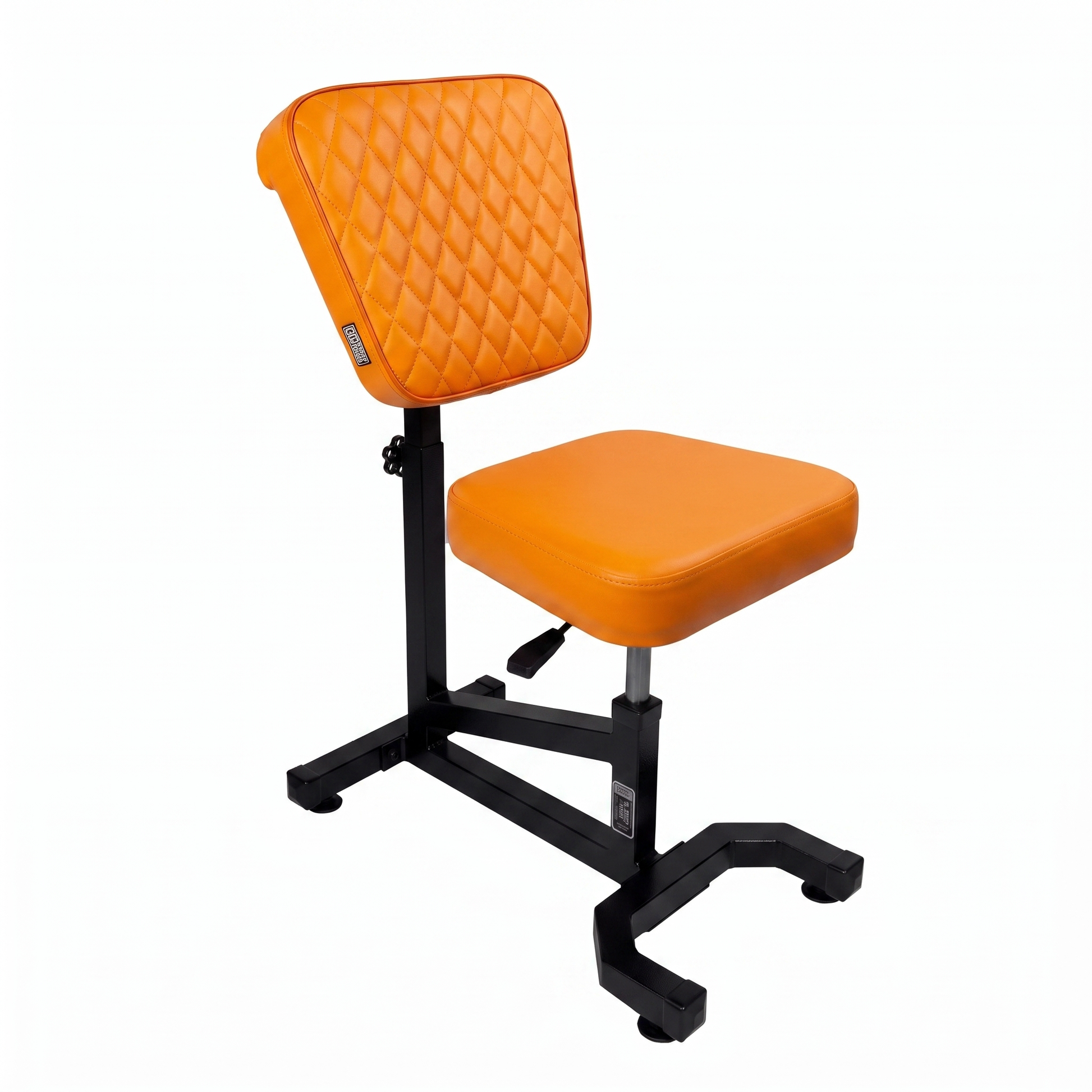 Orange Multifunctional Swivel Chair with Armrest by GG Workshop — rhombus stitched backrest, black frame, three-quarter view