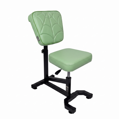 Pistachio green Multifunctional Swivel Chair with Armrest by GG Workshop — spider web stitched backrest, black frame, three-quarter view