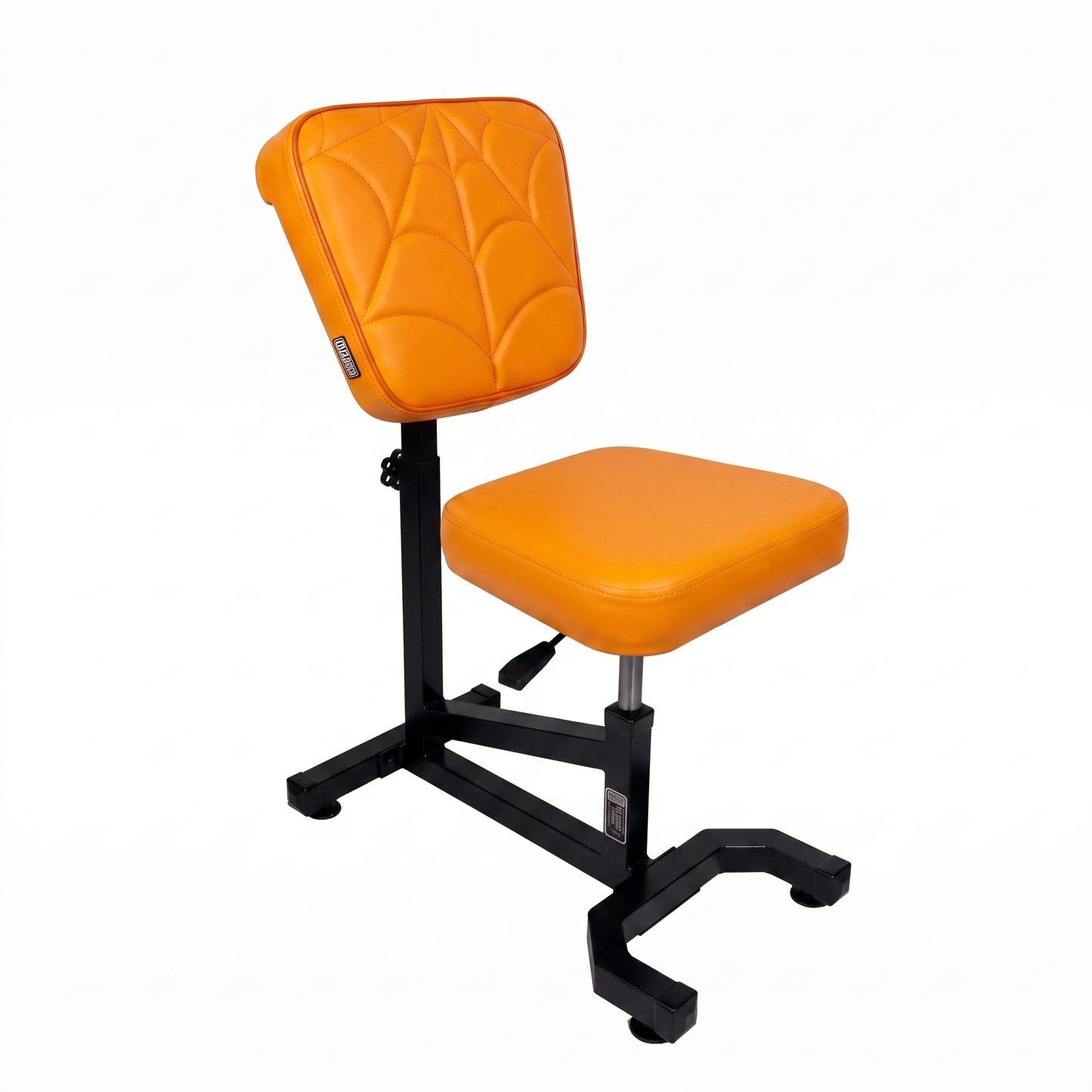 Orange Multifunctional Swivel Chair with Armrest by GG Workshop — spider web stitched backrest, black frame, three-quarter view
