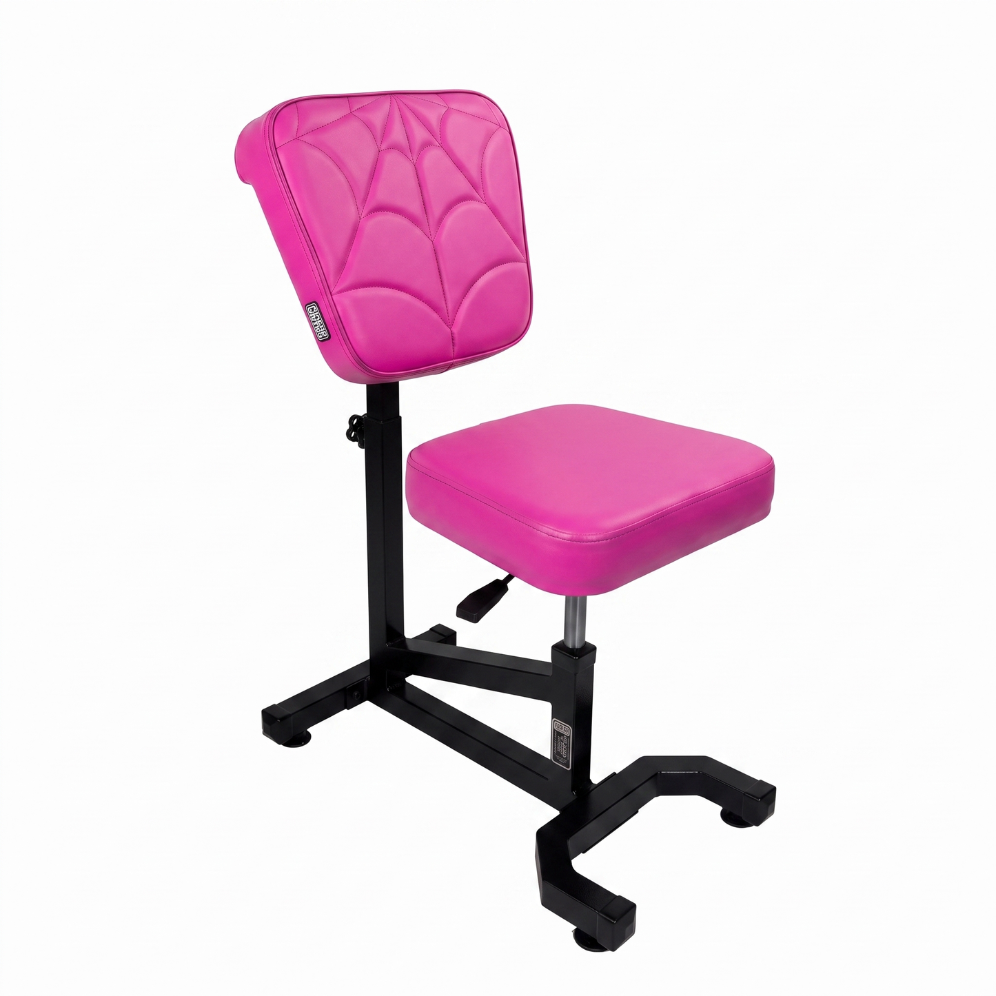 Max Pink bright pink Multifunctional Swivel Chair with Armrest by GG Workshop — spider web stitched backrest, black frame, three-quarter view