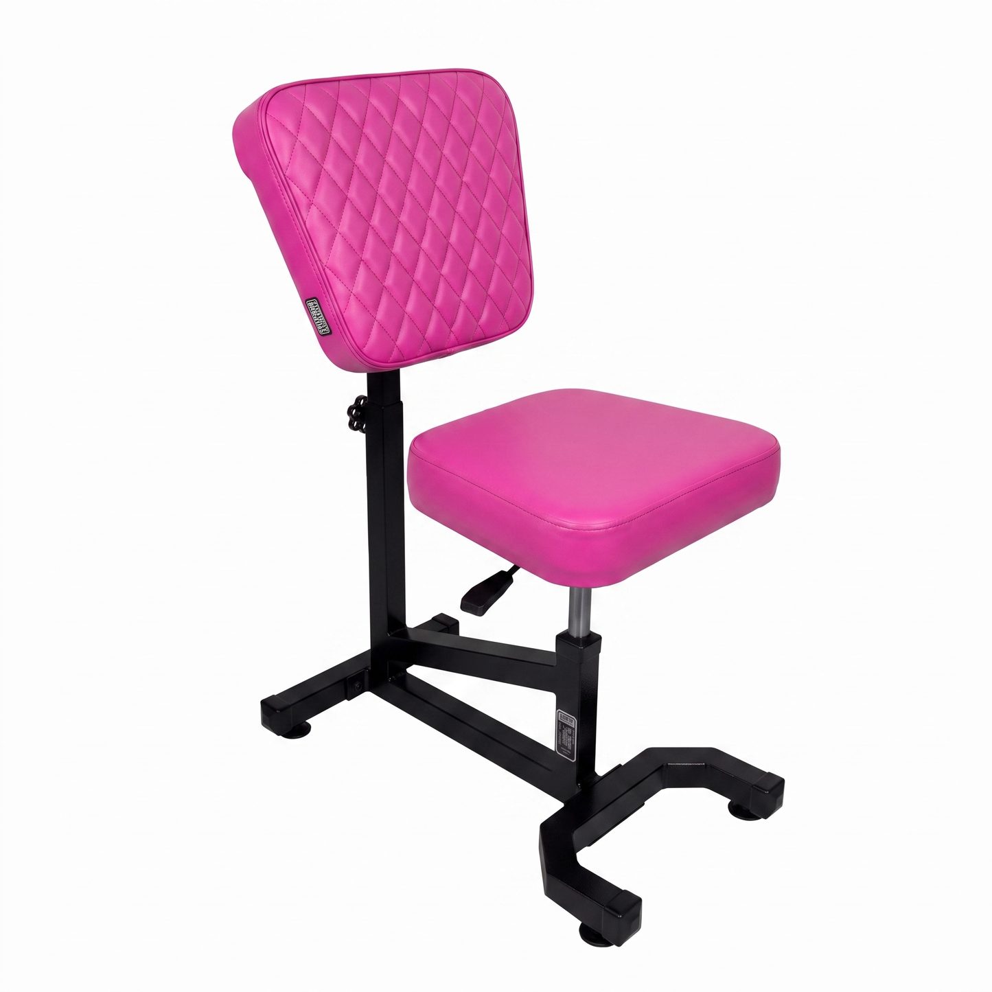 Max Pink bright pink Multifunctional Swivel Chair with Armrest by GG Workshop — rhombus stitched backrest, black frame, three-quarter view
