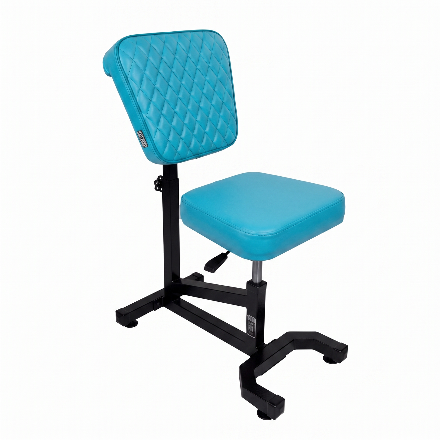 Turquoise Multifunctional Swivel Chair with Armrest by GG Workshop — rhombus stitched backrest, black frame, three-quarter view