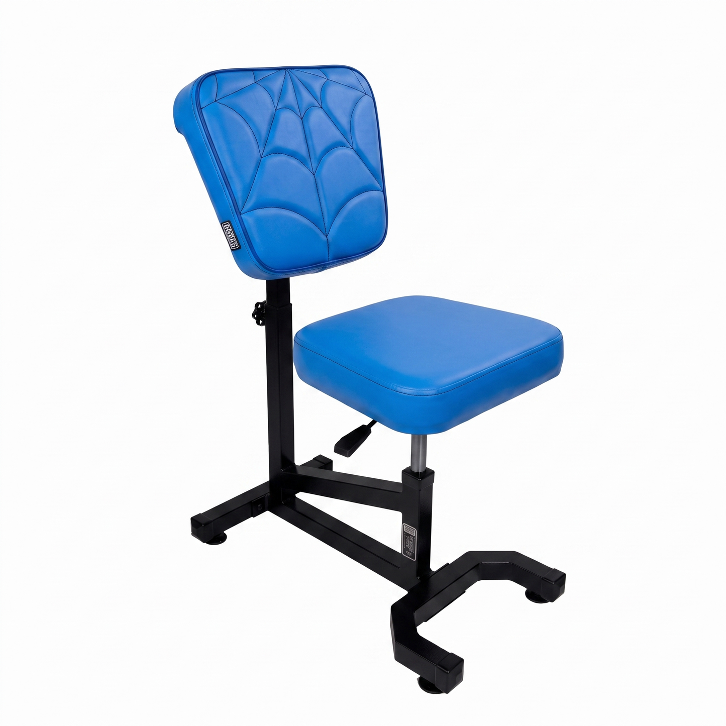 Wave blue Multifunctional Swivel Chair with Armrest by GG Workshop — spider web stitched backrest, black frame, three-quarter view