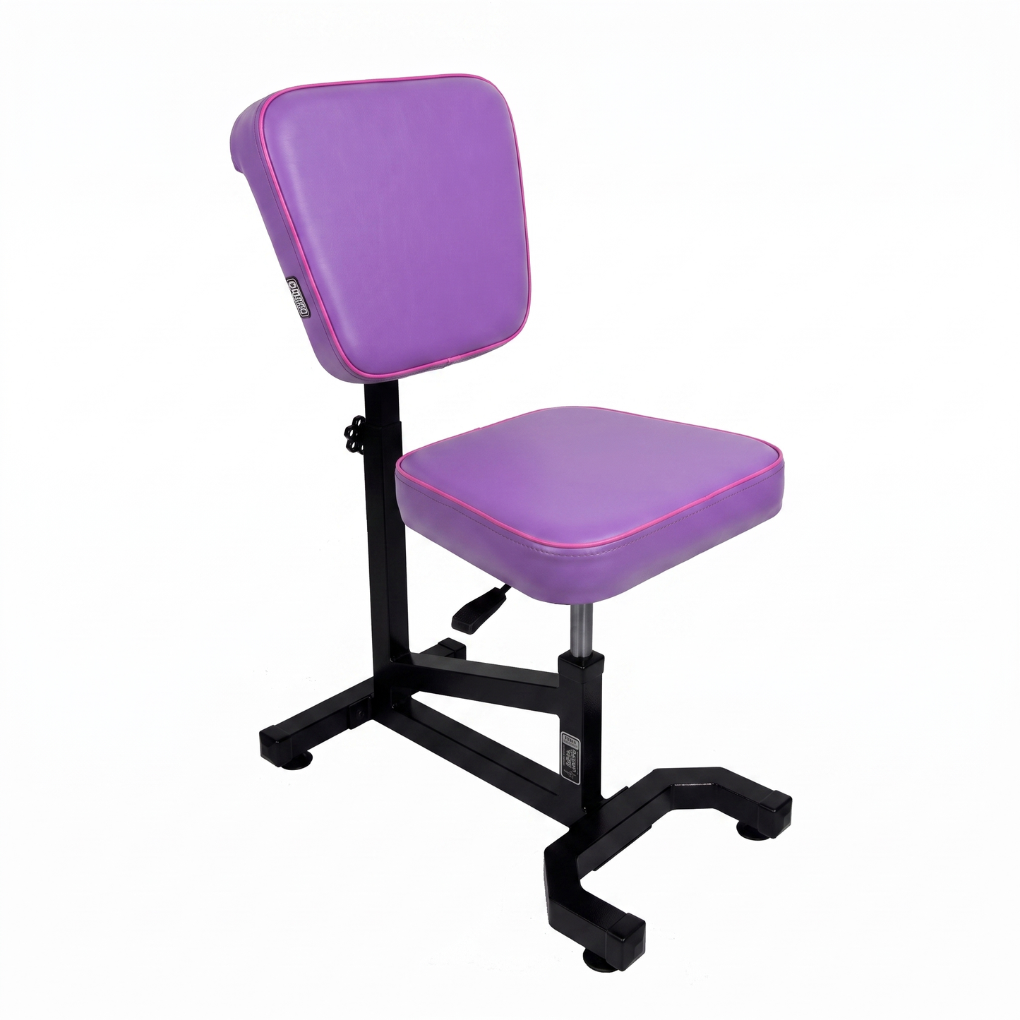 Purple pink Multifunctional Swivel Chair with Armrest by GG Workshop — violet cushions with pink piping, smooth backrest, black frame, three-quarter view