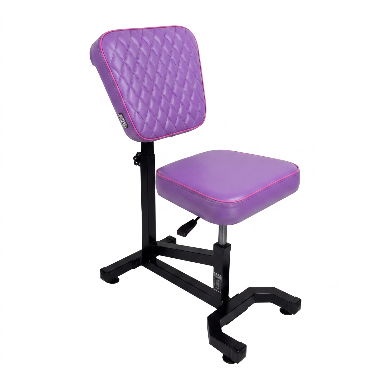 Purple pink Multifunctional Swivel Chair with Armrest by GG Workshop — violet cushions with pink piping, rhombus stitched backrest, black frame, three-quarter view