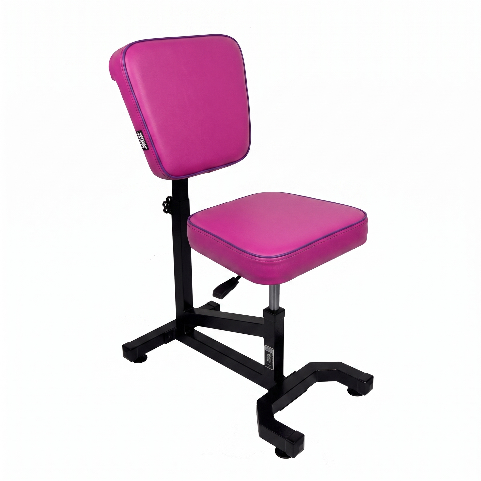Pink purple Multifunctional Swivel Chair with Armrest by GG Workshop — magenta cushions with purple piping, smooth backrest, black frame, three-quarter view