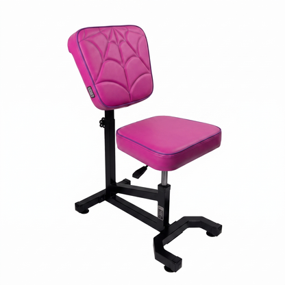 Pink purple Multifunctional Swivel Chair with Armrest by GG Workshop — magenta cushions with purple piping, spider web stitched backrest, black frame, three-quarter view