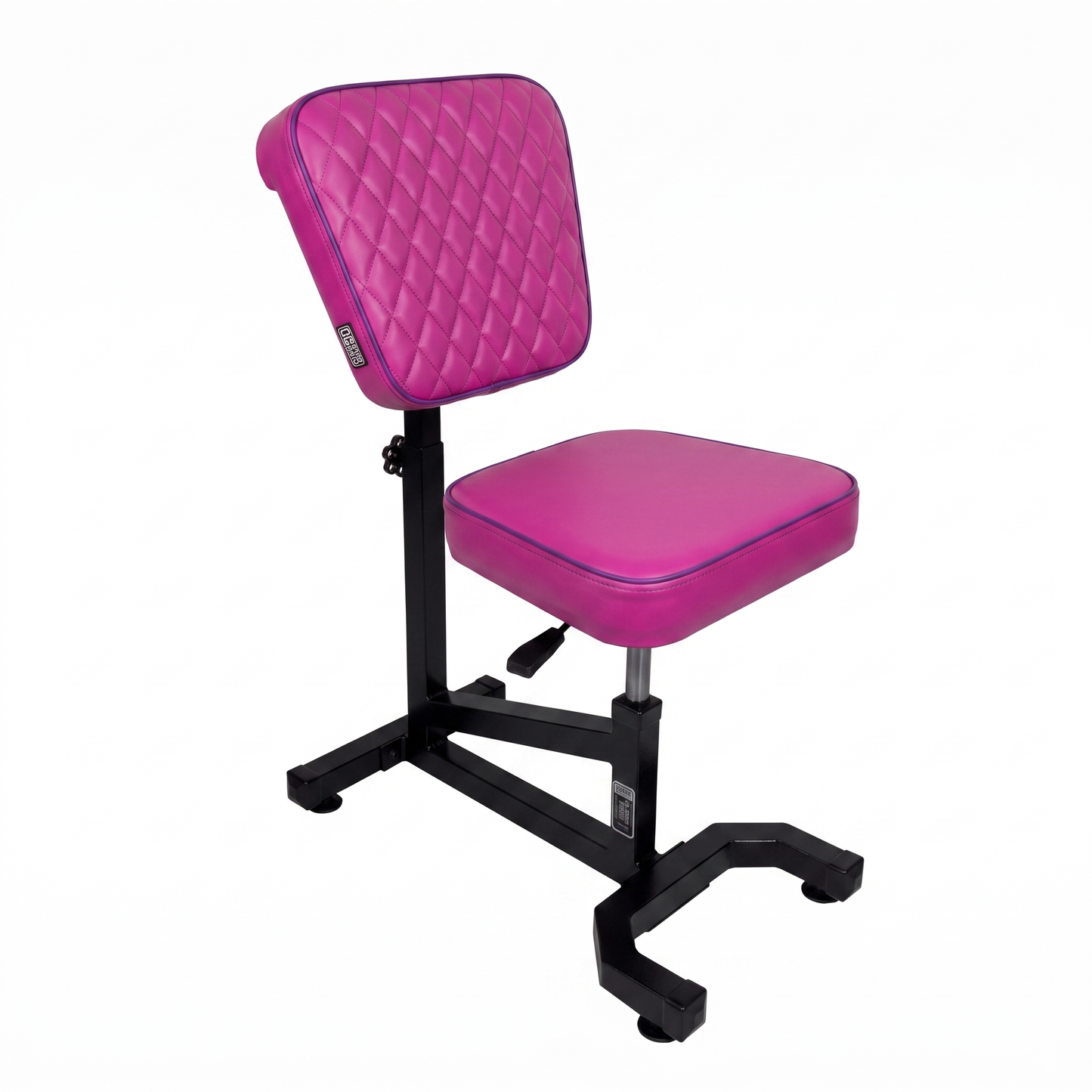 Pink purple Multifunctional Swivel Chair with Armrest by GG Workshop — magenta cushions with purple piping, rhombus stitched backrest, black frame, three-quarter view