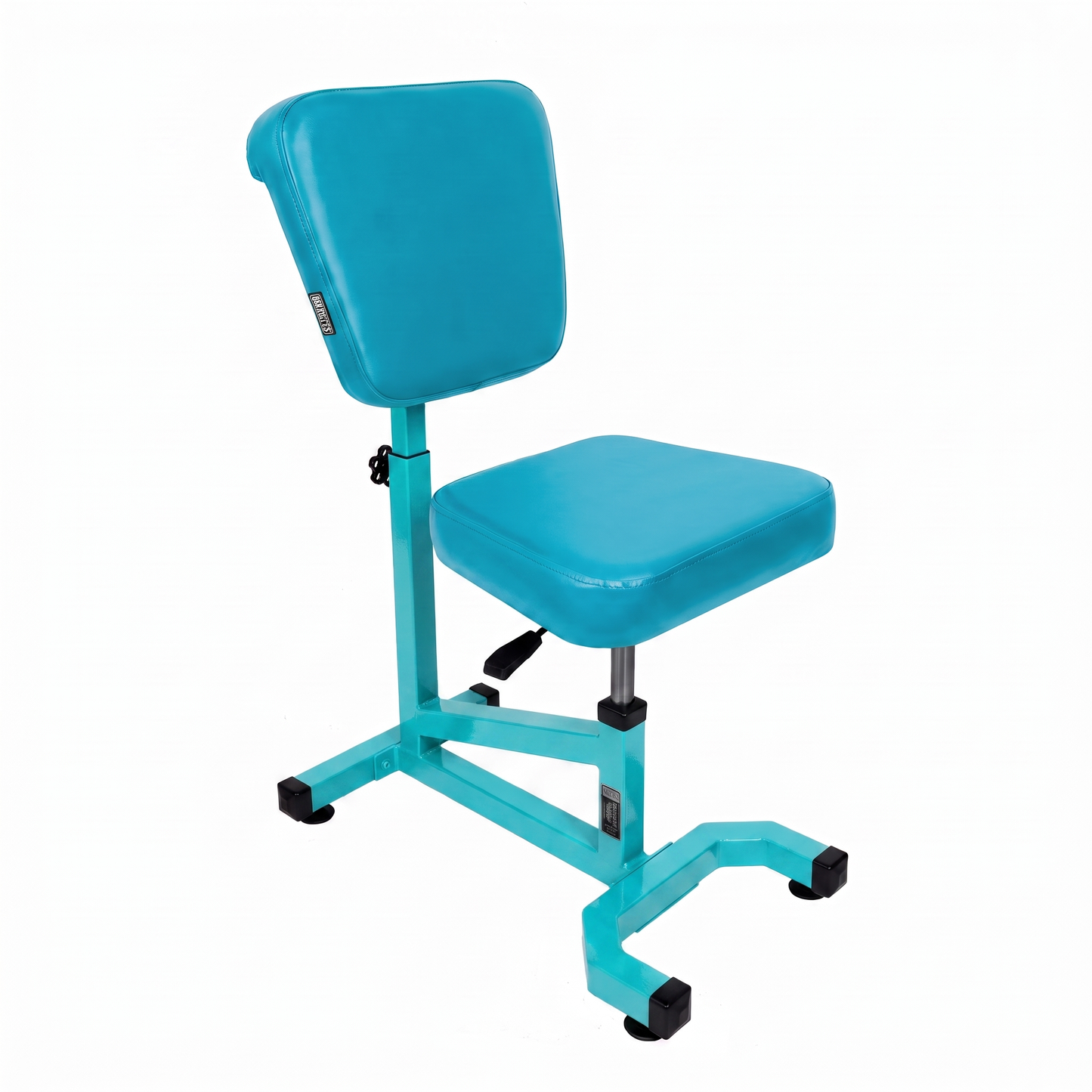 Turquoise Multifunctional Swivel Chair with Armrest by GG Workshop — smooth backrest, frame painted in matching turquoise, three-quarter view
