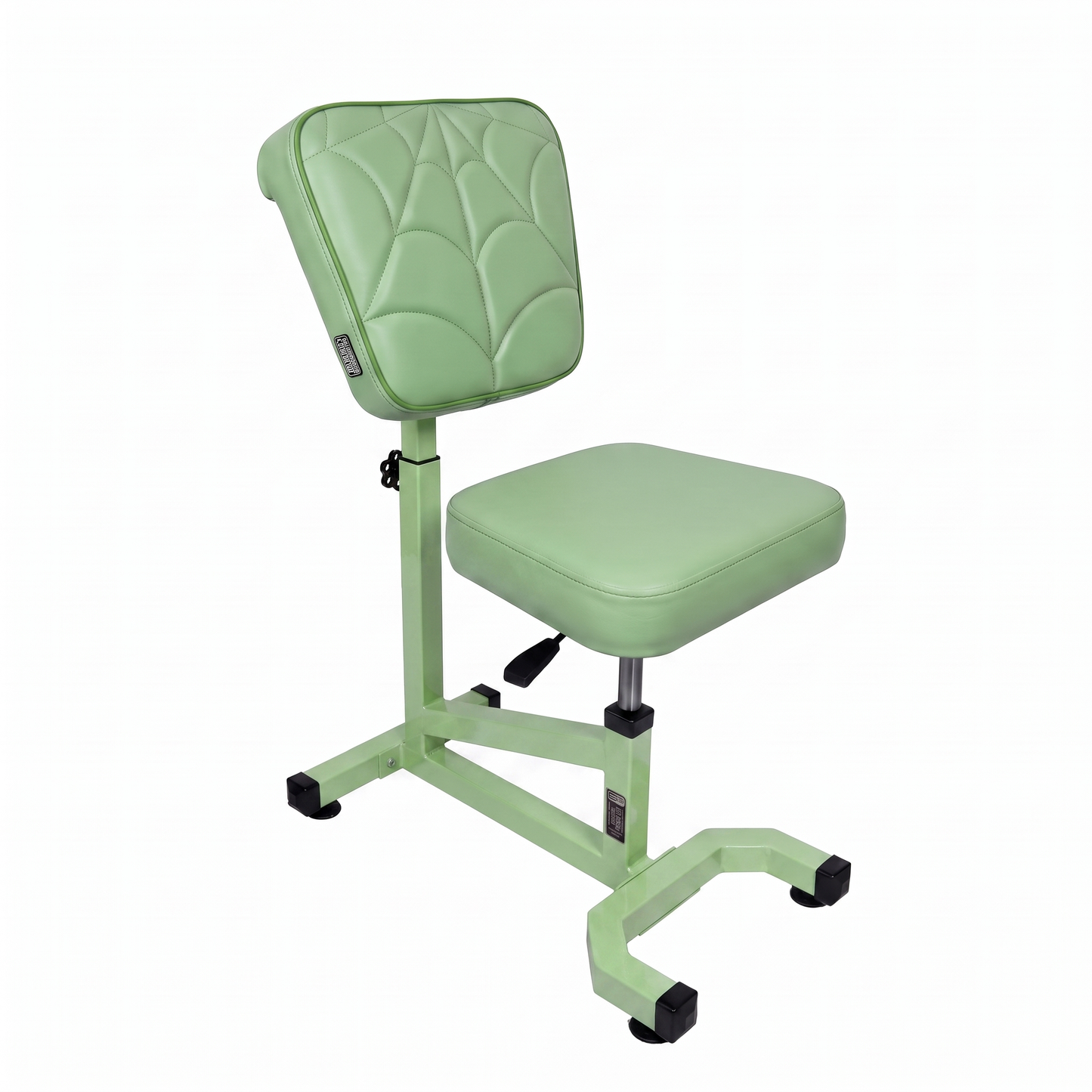 Pistachio green Multifunctional Swivel Chair with Armrest by GG Workshop — spider web stitched backrest, frame painted in matching pistachio, three-quarter view