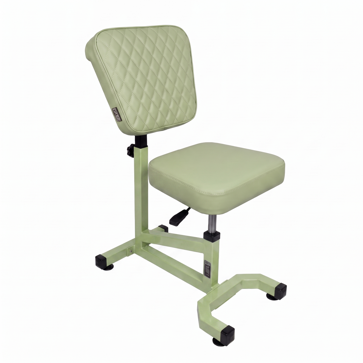 Pistachio green Multifunctional Swivel Chair with Armrest by GG Workshop — rhombus stitched backrest, frame painted in matching pistachio, three-quarter view
