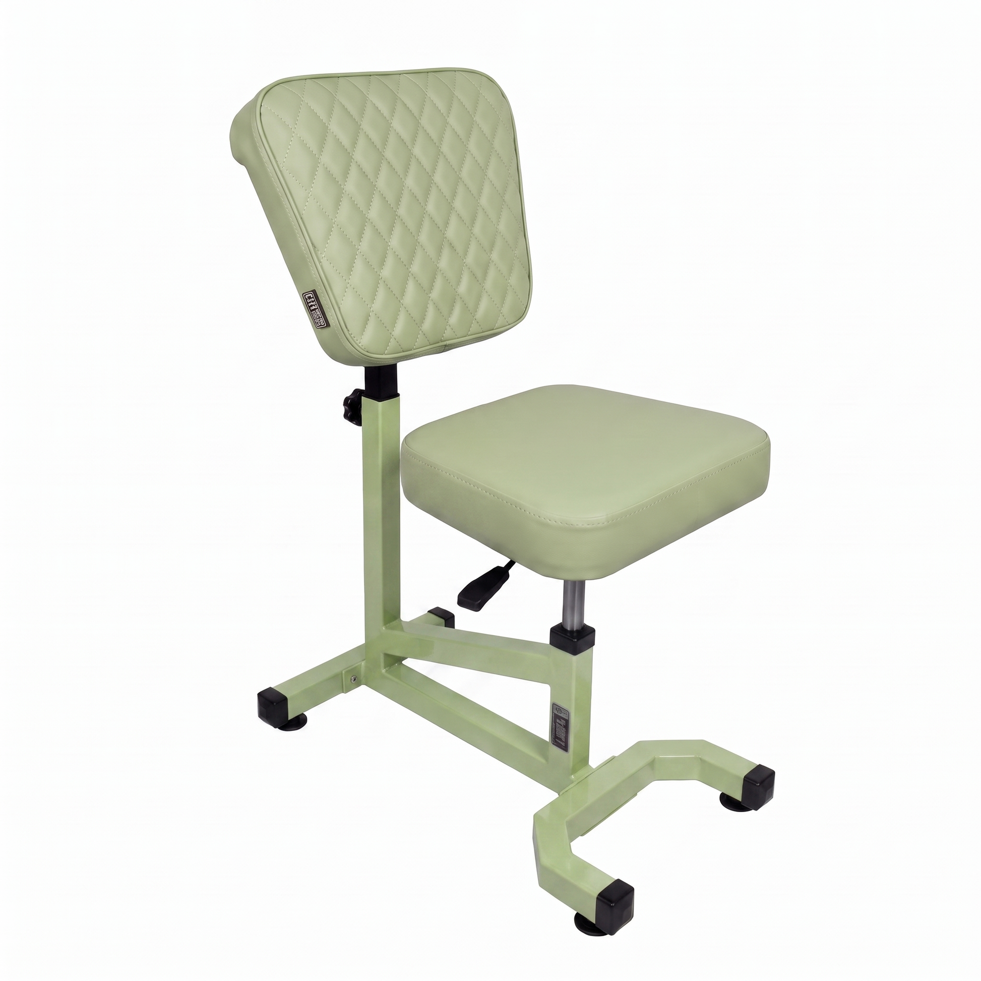 Pistachio green Multifunctional Swivel Chair with Armrest by GG Workshop — rhombus stitched backrest, frame painted in matching pistachio, three-quarter view