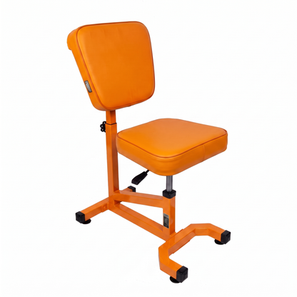 Orange Multifunctional Swivel Chair with Armrest by GG Workshop — smooth backrest, frame painted in matching orange, three-quarter view