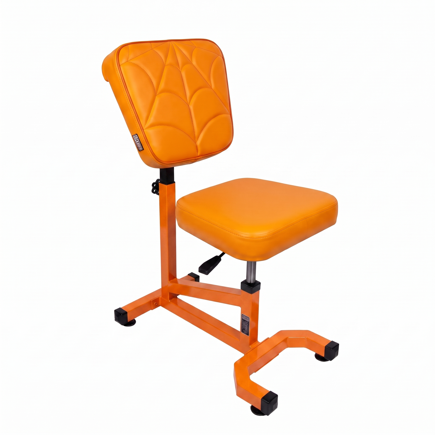 Orange Multifunctional Swivel Chair with Armrest by GG Workshop — spider web stitched backrest, frame painted in matching orange, three-quarter view
