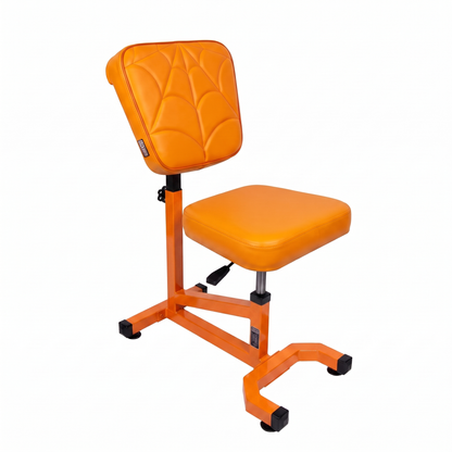 Orange Multifunctional Swivel Chair with Armrest by GG Workshop — spider web stitched backrest, frame painted in matching orange, three-quarter view