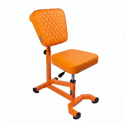Orange Multifunctional Swivel Chair with Armrest by GG Workshop — rhombus stitched backrest, frame painted in matching orange, three-quarter view