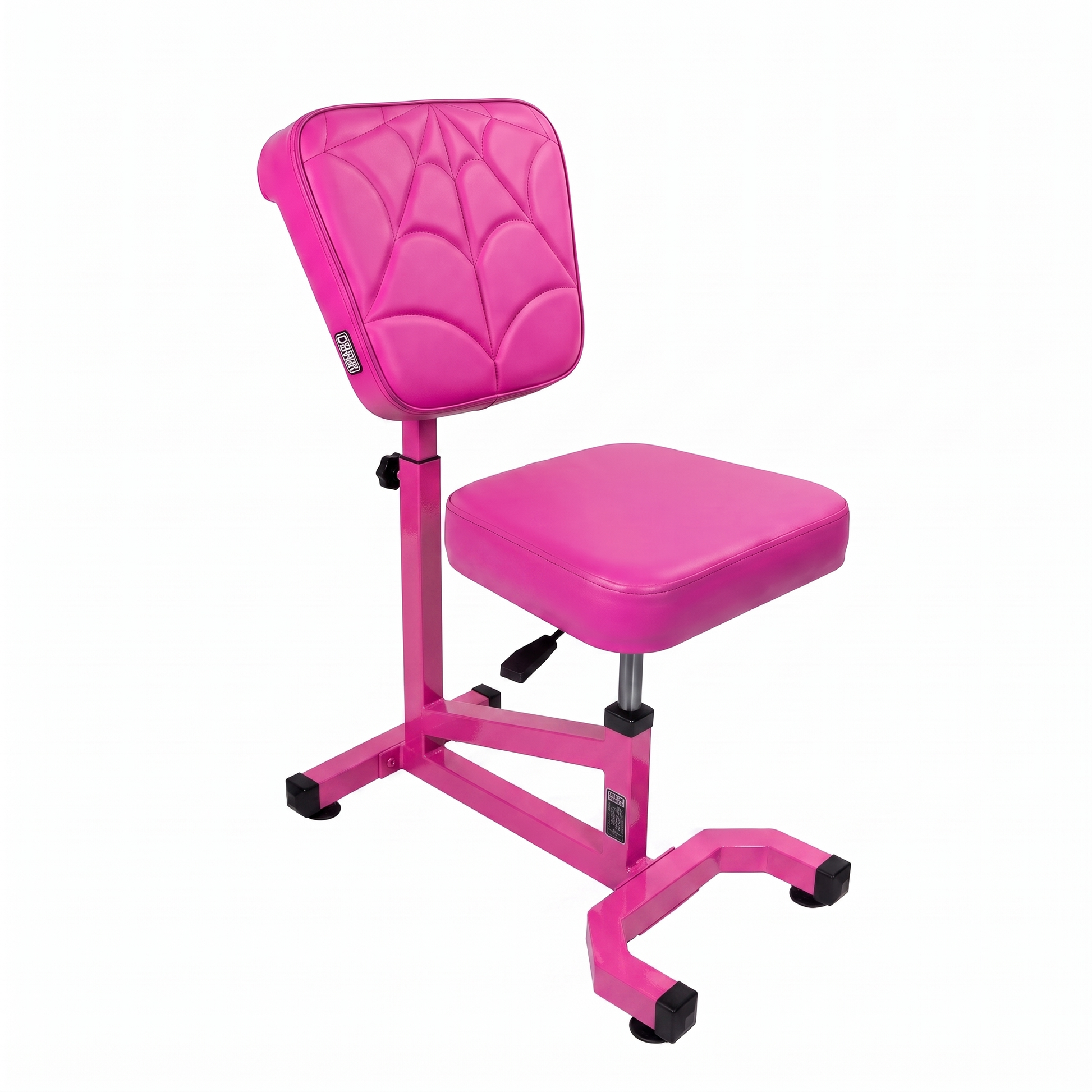 Max Pink bright pink Multifunctional Swivel Chair with Armrest by GG Workshop — spider web stitched backrest, frame painted in matching pink, three-quarter view