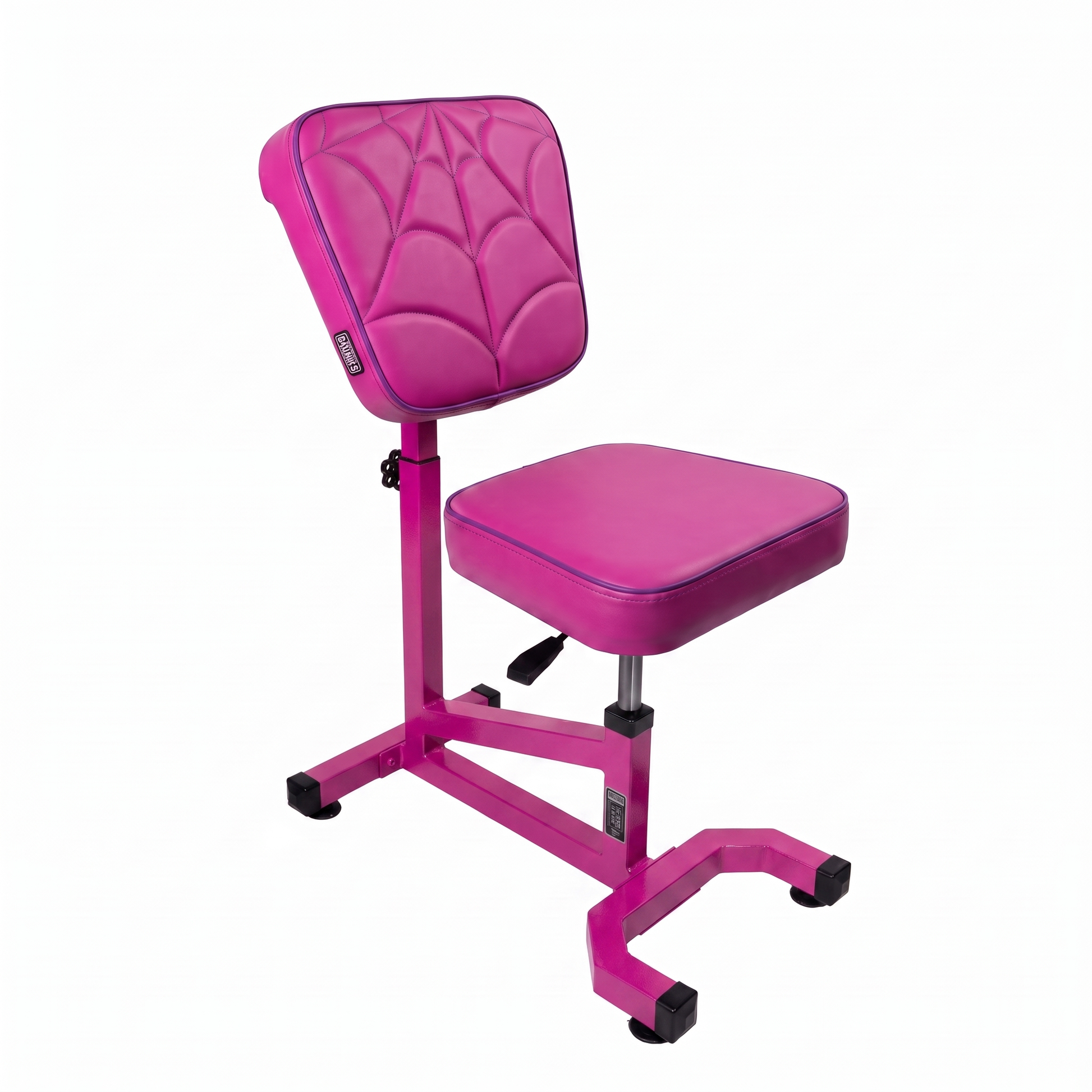 Pink purple Multifunctional Swivel Chair with Armrest by GG Workshop — magenta cushions with purple piping, spider web stitched backrest, frame painted in matching magenta, three-quarter view