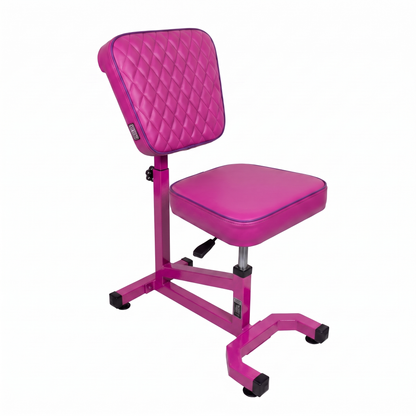 Pink purple Multifunctional Swivel Chair with Armrest by GG Workshop — magenta cushions with purple piping, rhombus stitched backrest, frame painted in matching magenta, three-quarter view