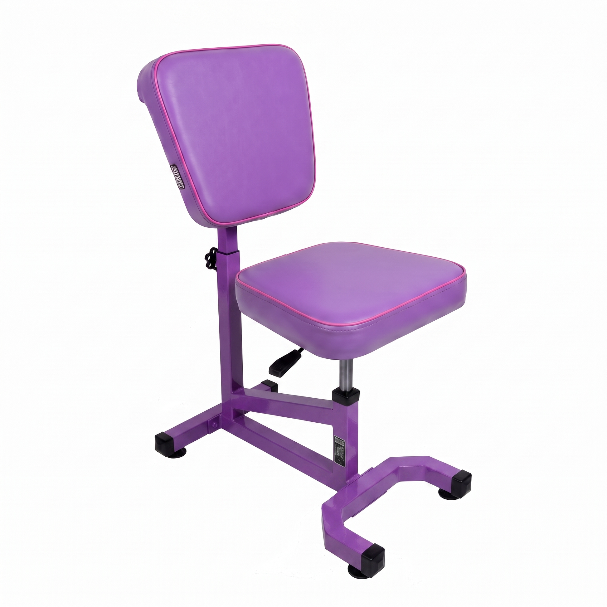 Purple pink Multifunctional Swivel Chair with Armrest by GG Workshop — violet cushions with pink piping, smooth backrest, frame painted in matching violet, three-quarter view
