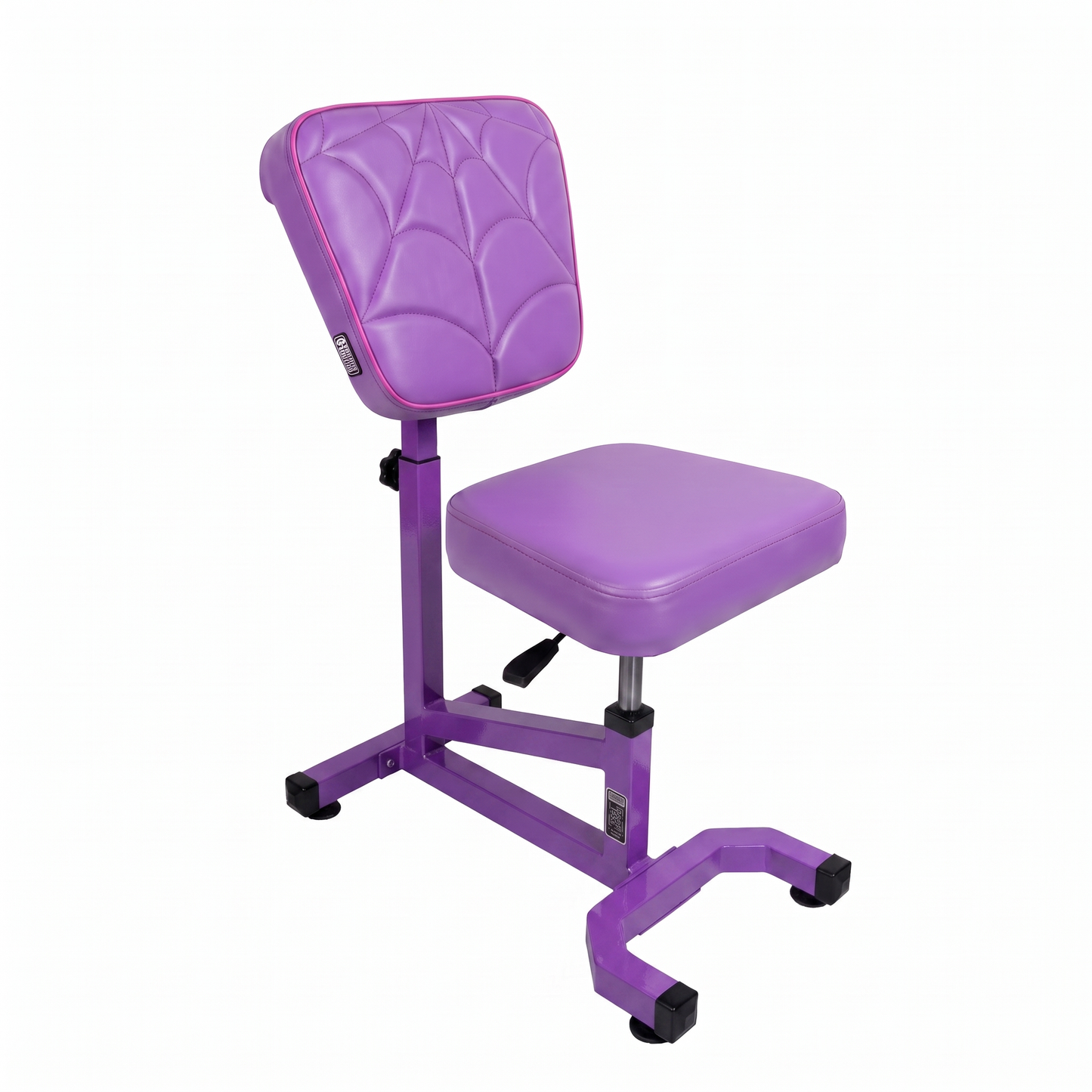 Purple pink Multifunctional Swivel Chair with Armrest by GG Workshop — violet cushions with pink piping, spider web stitched backrest, frame painted in matching violet, three-quarter view