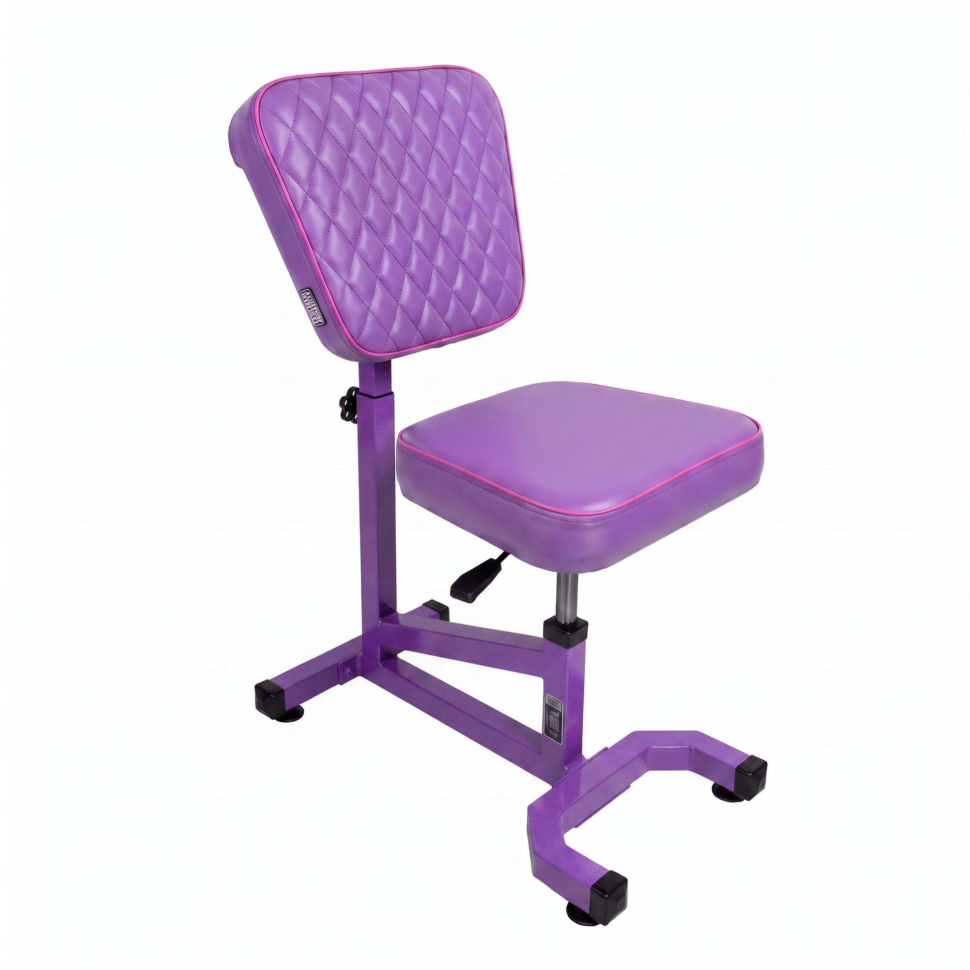 Purple pink Multifunctional Swivel Chair with Armrest by GG Workshop — violet cushions with pink piping, rhombus stitched backrest, frame painted in matching violet, three-quarter view