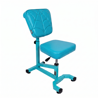 Turquoise Multifunctional Swivel Chair with Armrest by GG Workshop — spider web stitched backrest, frame painted in matching turquoise, three-quarter view