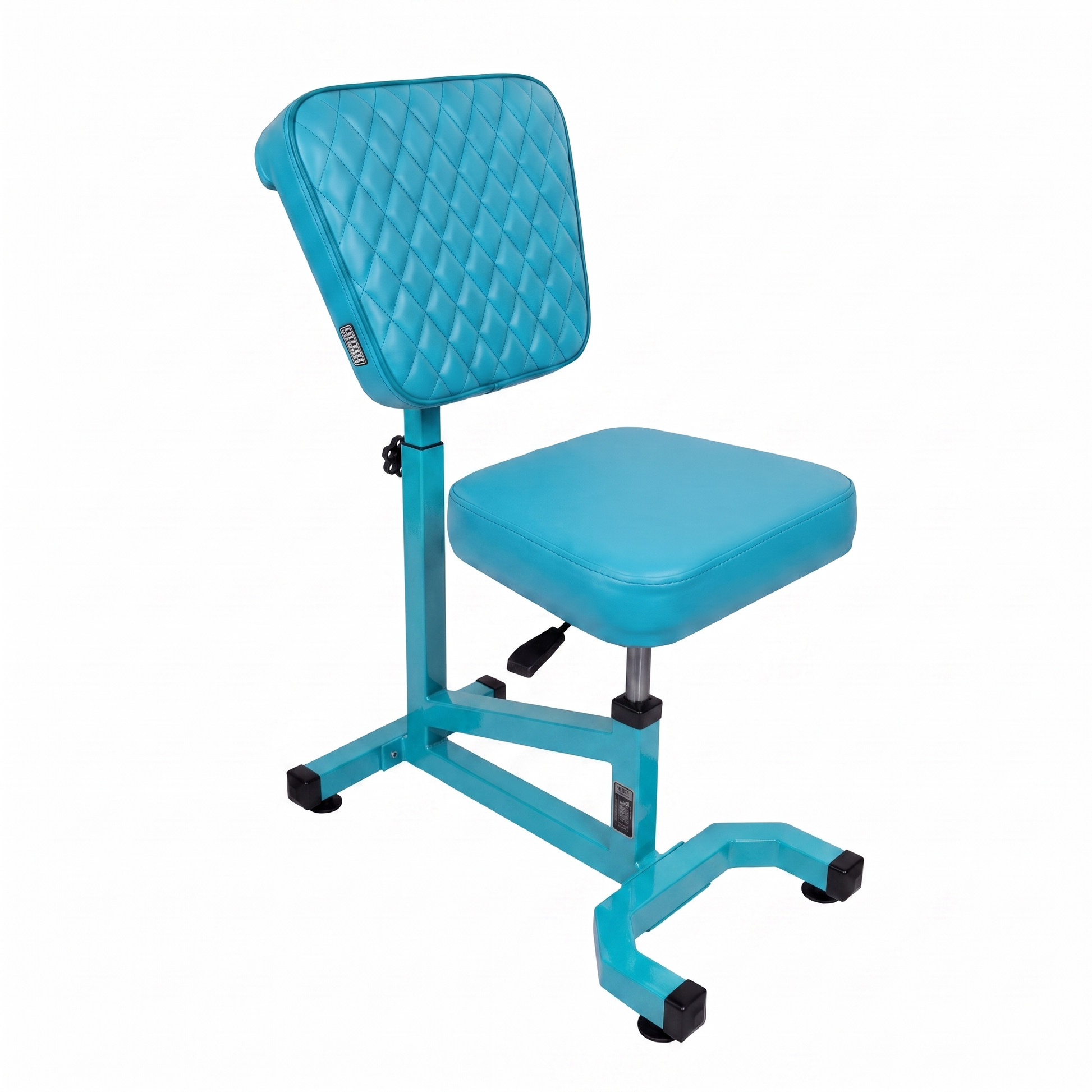 Turquoise Multifunctional Swivel Chair with Armrest by GG Workshop — rhombus stitched backrest, frame painted in matching turquoise, three-quarter view