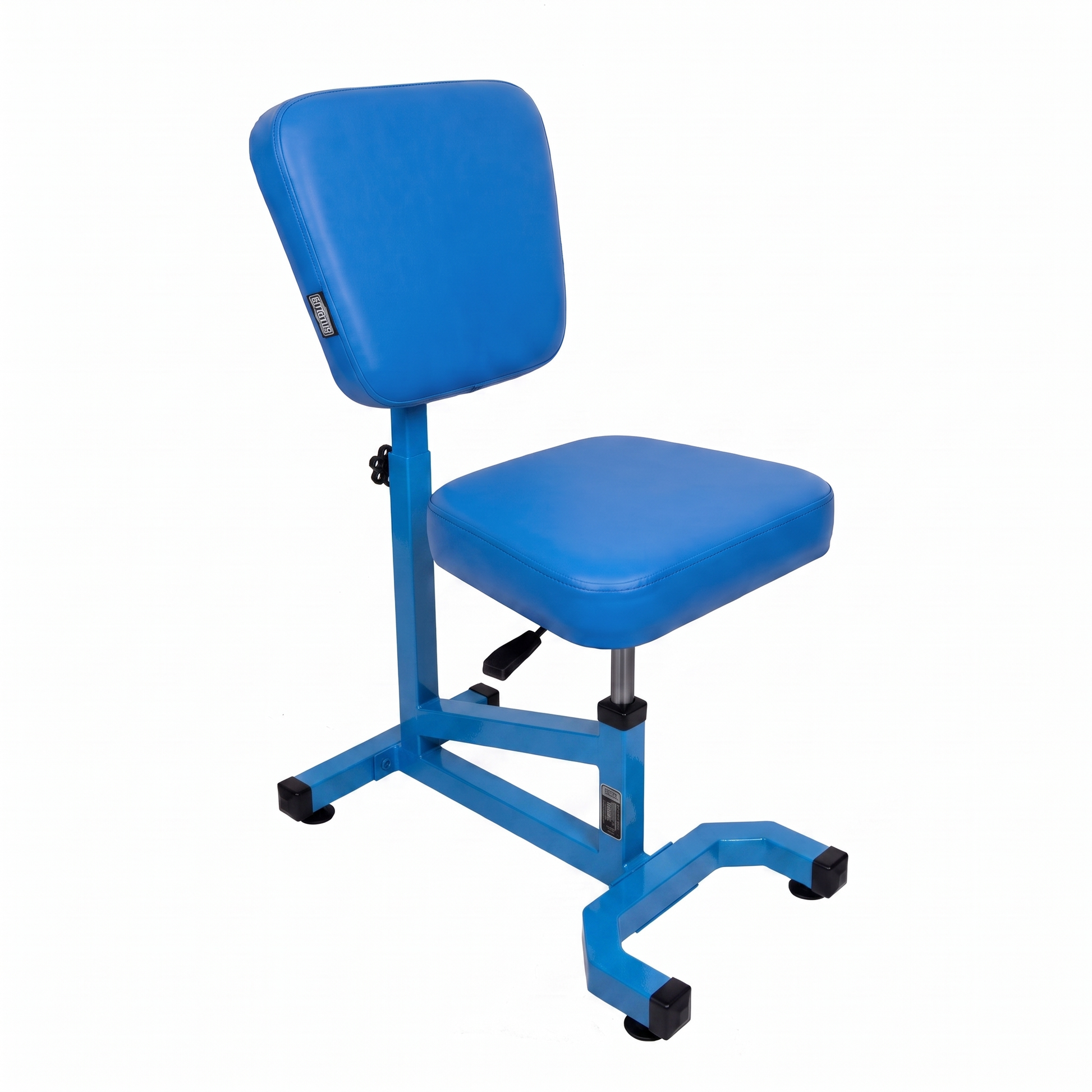 Wave blue Multifunctional Swivel Chair with Armrest by GG Workshop — smooth backrest, frame painted in matching blue, three-quarter view