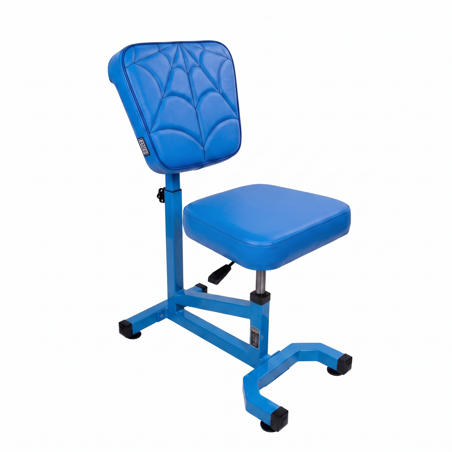Wave blue Multifunctional Swivel Chair with Armrest by GG Workshop — spider web stitched backrest, frame painted in matching blue, three-quarter view