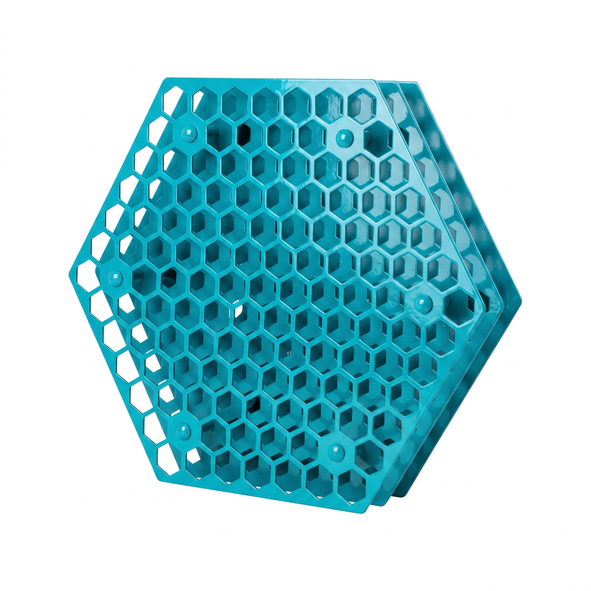 Turquoise hexagonal Tattoo Ink Wheel - Rotary Rack by GG Workshop — layered honeycomb-pattern plates, angled view