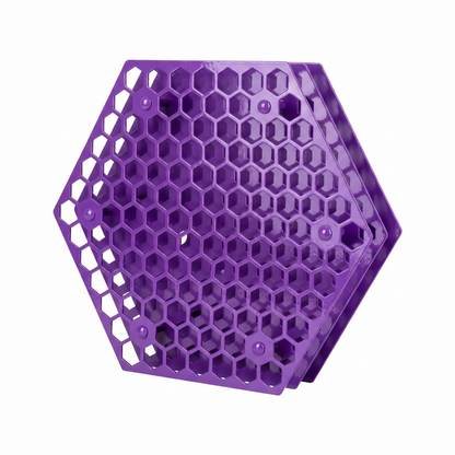 Purple pink violet hexagonal Tattoo Ink Wheel - Rotary Rack by GG Workshop — layered honeycomb-pattern plates, angled view