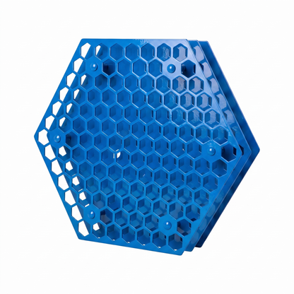 Wave blue hexagonal Tattoo Ink Wheel - Rotary Rack by GG Workshop — layered honeycomb-pattern plates, angled view