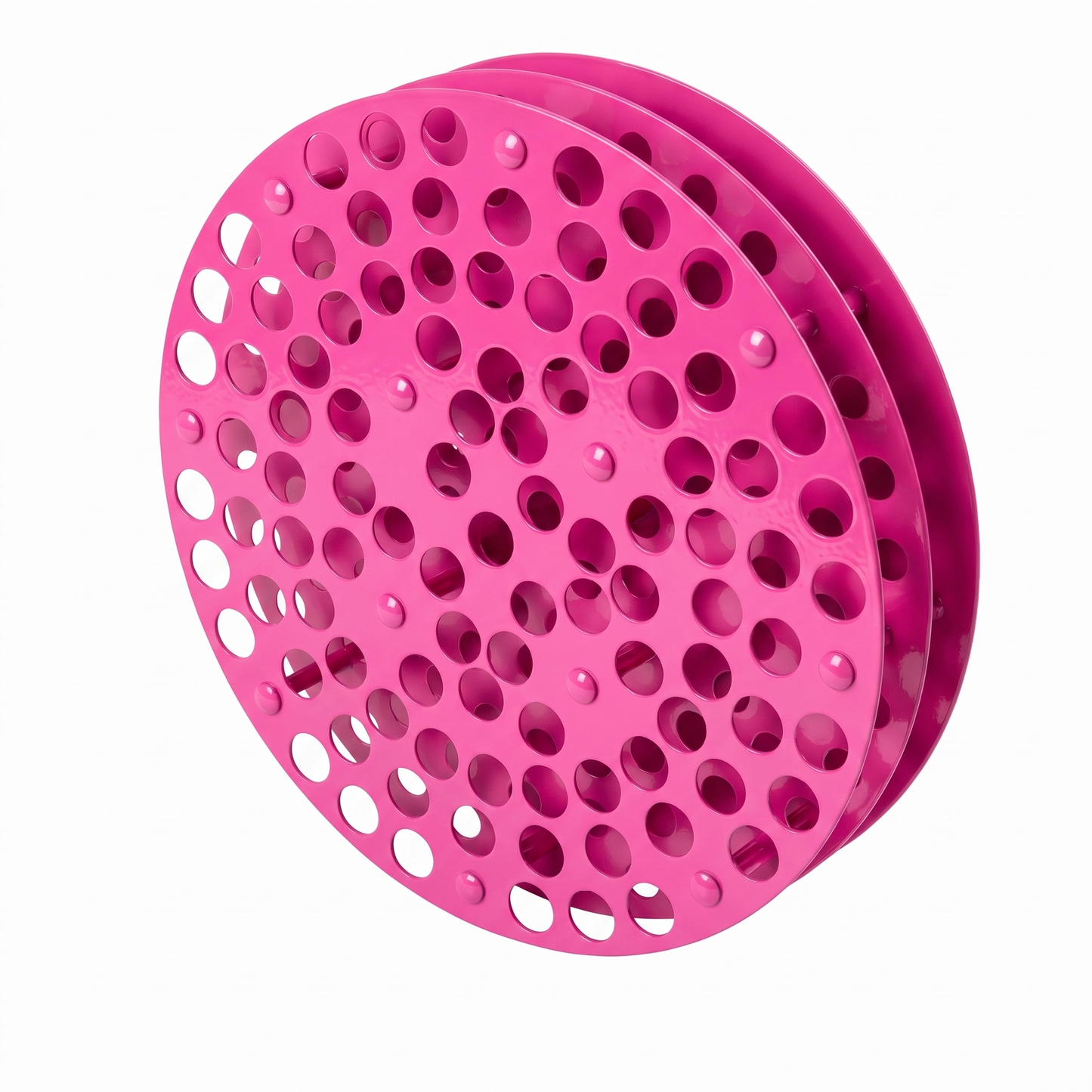 Max Pink bright pink round Tattoo Ink Wheel - Rotary Rack by GG Workshop — stacked perforated discs, angled view