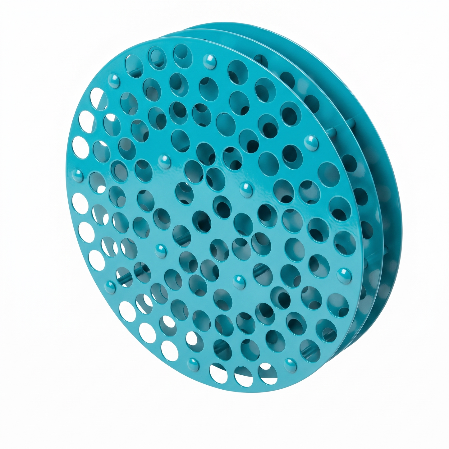 Turquoise round Tattoo Ink Wheel - Rotary Rack by GG Workshop — stacked perforated discs, angled view