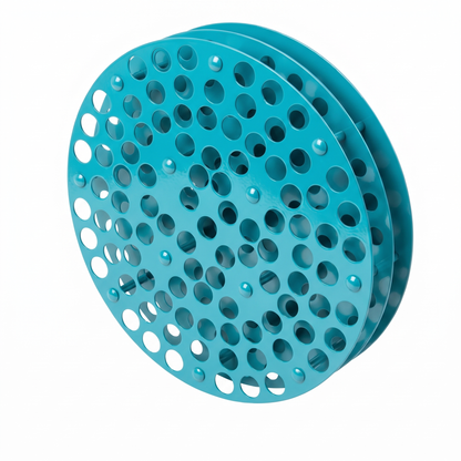 Turquoise round Tattoo Ink Wheel - Rotary Rack by GG Workshop — stacked perforated discs, angled view