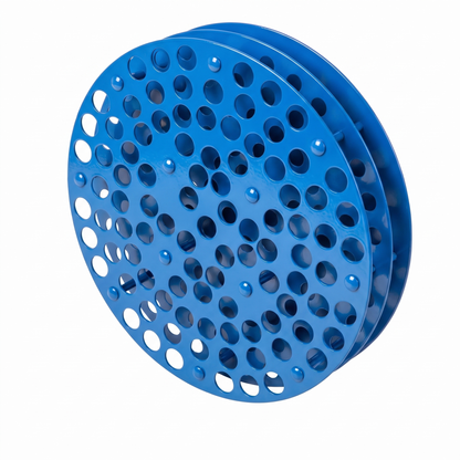 Wave blue round Tattoo Ink Wheel - Rotary Rack by GG Workshop — stacked perforated discs, angled view
