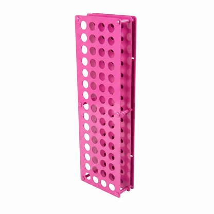 Max Pink bright pink Tattoo Ink Bottle Holder by GG Workshop — 60-hole powder-coated steel rack, angled product photo