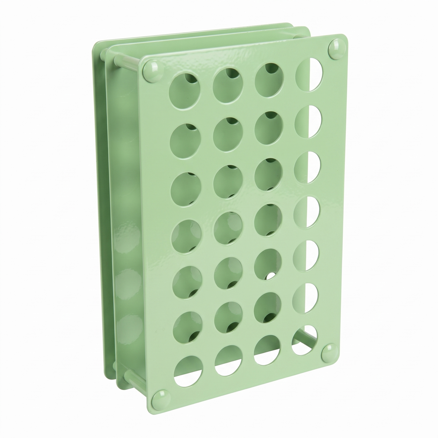 Pistachio green Tattoo Ink Bottle Holder by GG Workshop — 28-hole powder-coated steel rack, angled product photo