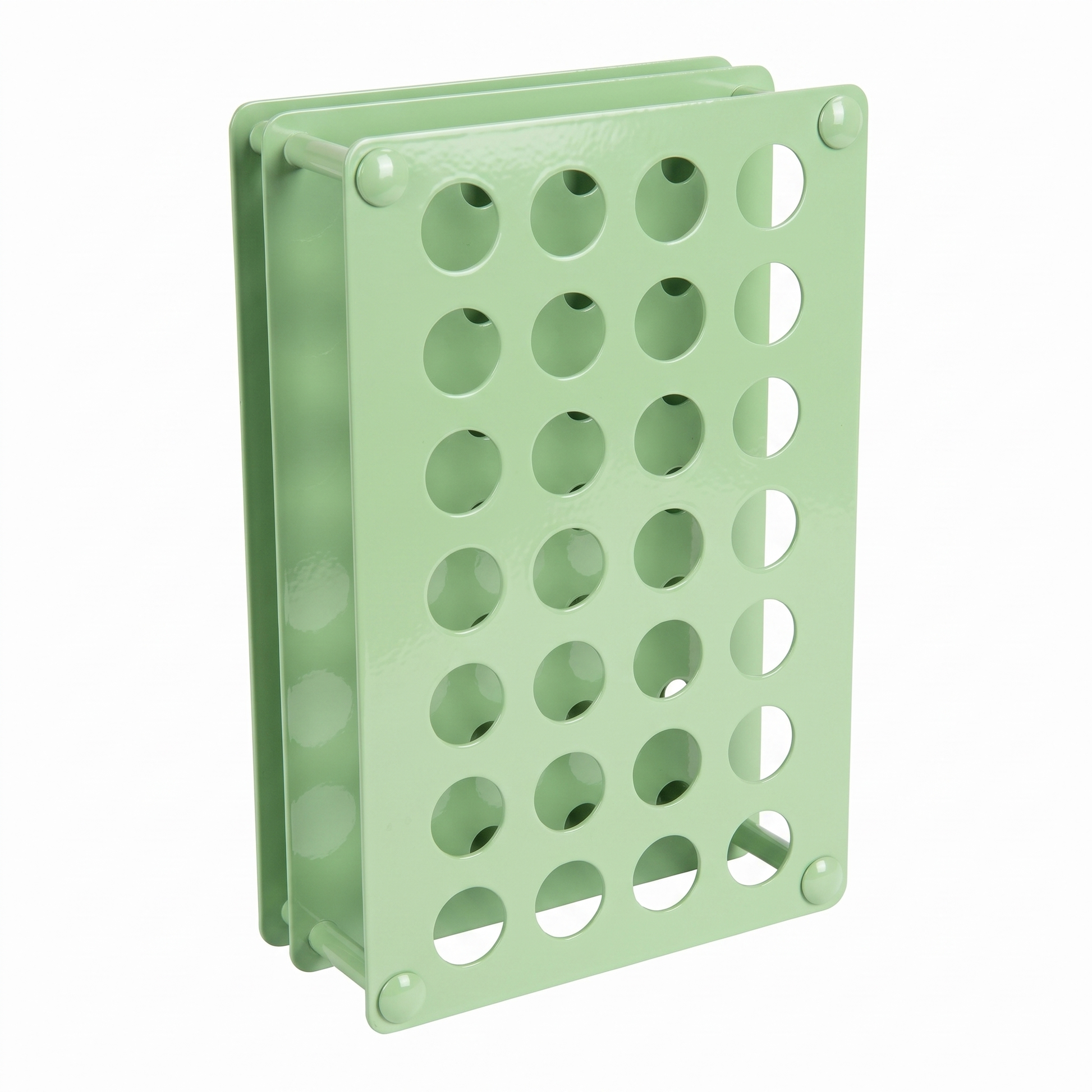 Pistachio green Tattoo Ink Bottle Holder by GG Workshop — 28-hole powder-coated steel rack, angled product photo