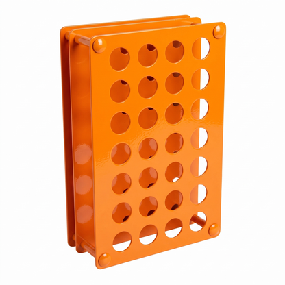 Orange Tattoo Ink Bottle Holder by GG Workshop — 28-hole powder-coated steel rack, angled product photo