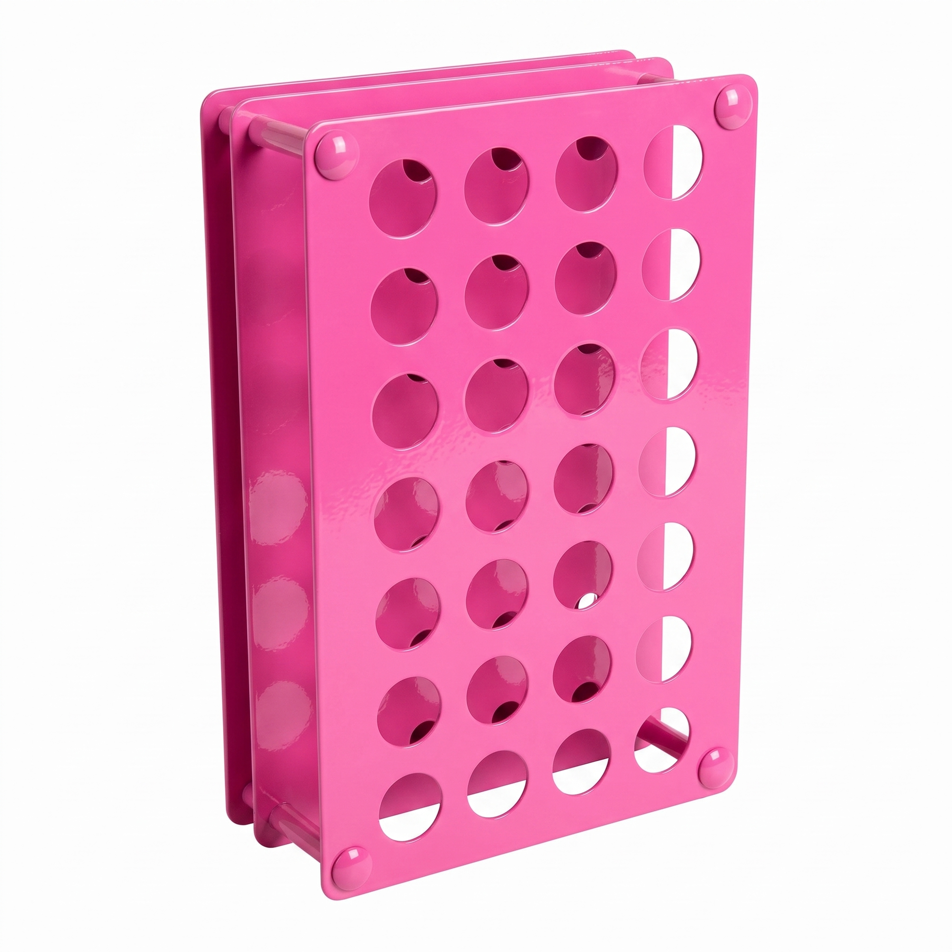 Max Pink bright pink Tattoo Ink Bottle Holder by GG Workshop — 28-hole powder-coated steel rack, angled product photo