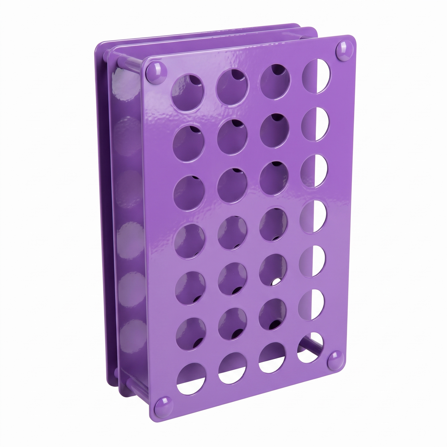 Purple pink violet Tattoo Ink Bottle Holder by GG Workshop — 28-hole powder-coated steel rack, angled product photo