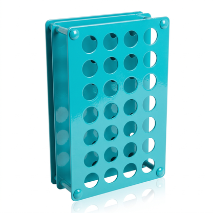 Turquoise Tattoo Ink Bottle Holder by GG Workshop — 28-hole powder-coated steel rack, angled product photo