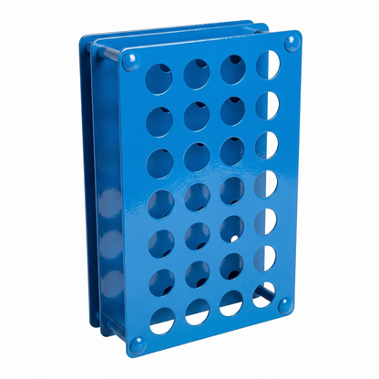 Wave blue Tattoo Ink Bottle Holder by GG Workshop — 28-hole powder-coated steel rack, angled product photo